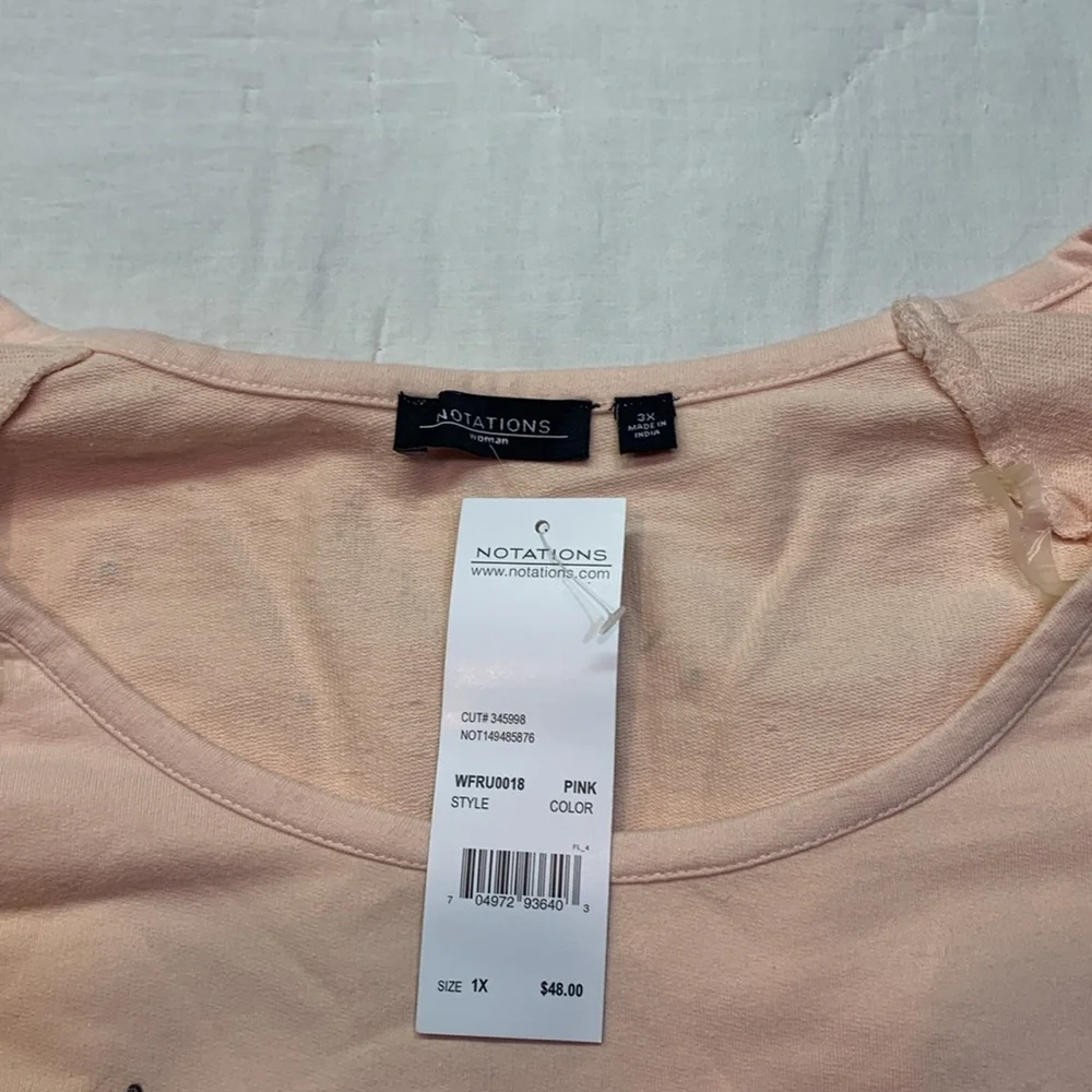 NWT Notations Women's 3X Pale Pink‎ Long Sleeve Rhinestone Studded Tee Shirt